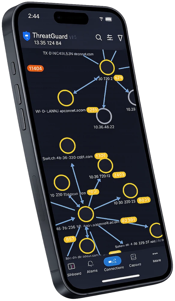 ThreatGuard mobile app interface shown on a smartphone